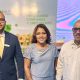 Manuel Gutiérrez, presidente del Consejo de Administración; Estón Fulcar, Gerente General; y Rafaela Rosario, gerente de la Zona Norte de Coopseguros, durante la XXV Asamblea Ordinaria de COOPADEPE